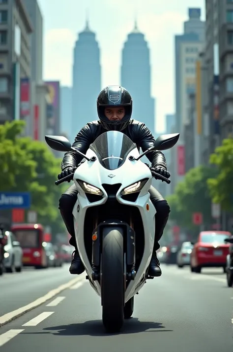 A young man aged 25 riding a white sport bike in Jakarta city 