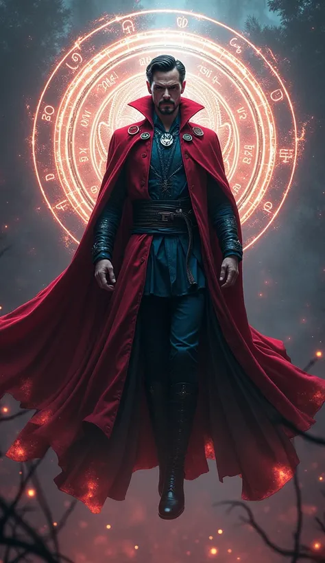 Doctor Strange floats in the air in a magical and powerful background. This character wears a long red robe with a deep black design, his face is hidden behind a black and white mask, giving a mysterious and scary impression. Around it, magical energy in t...