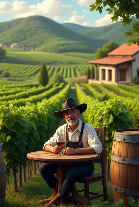  Create a grape vineyard in the field where you can see the grape fields, an old house, a few barrels for wine, a table with a bottle of wine and a farmer in a white shirt and a black hat sitting at the table, hyperrealistic animated image  