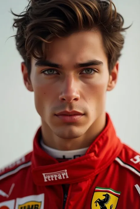 Young Ferrari Formula 1 driver from the front with beautiful face