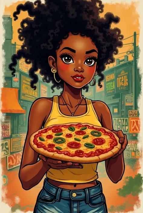   artistic drawing that represents the flavor of Baiana Arretada  ,   the art must follow the theme ,  but give personality to the character ,   the character must be holding or eating a pizza  ,   use your creativity Vibrant colors  , Young language  ,  F...