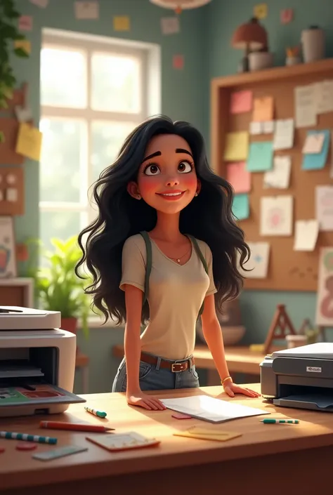  Create a Disney Pixar-inspired poster featuring the character being a woman with long curly black hair wearing neutral clothing, Smiling and soft expression. this is in the studio with a table with a notebook and printer, pens and notebooks on the table. ...