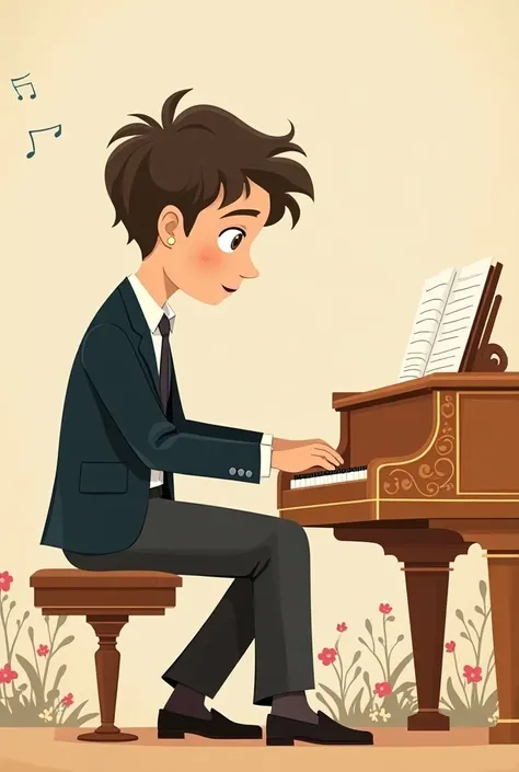 teenager playing piano , cartoon illustration, rens book illustration ,  teenager in suit, cartoon style illustration ,  digital illustration,  flat illustration , big view