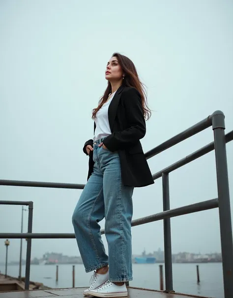 Super real photo, Long shot,  woman 44 year old, ( dark long hair ,  brunette ), (moderately curvy figure), ( refrigerator of short stature),  woman ,  standing on a metal railing looking up at the sky , infp  woman ,  woman  с темно-коричневыми волосами, ...