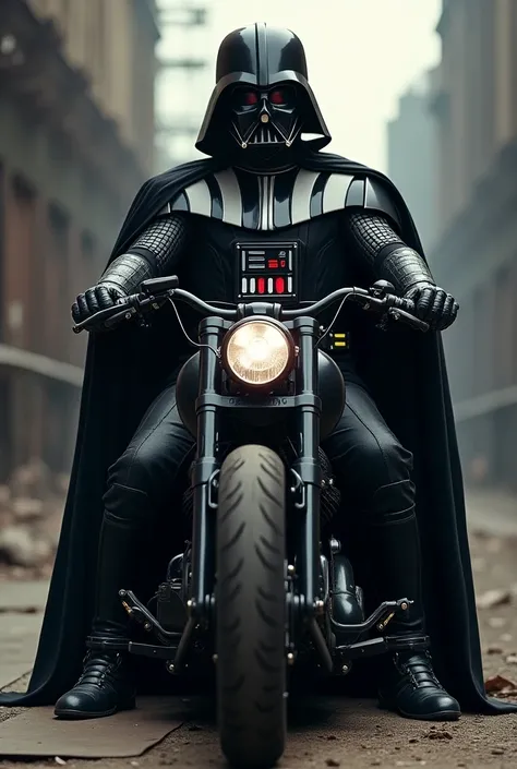 An image of the Star Wars character Darth Vader on a Harley Davidson Chopper motorcycle