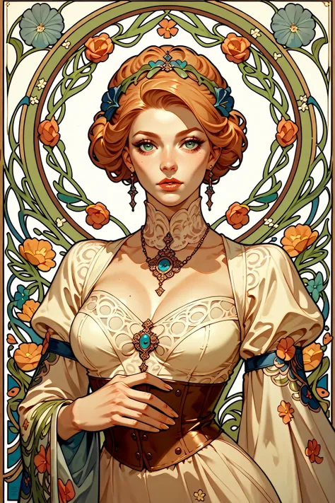 A busty curvy woman, art nouveau