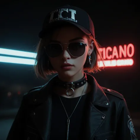 plano cercano del rostro, Alternative girl,  looking over black sunglasses , jacket, collar,  neon light reflections on the skin , earring, make-up,  imperfections in the skin ,  short hair , cap, neon light background , low light, profundidad de campo,  h...