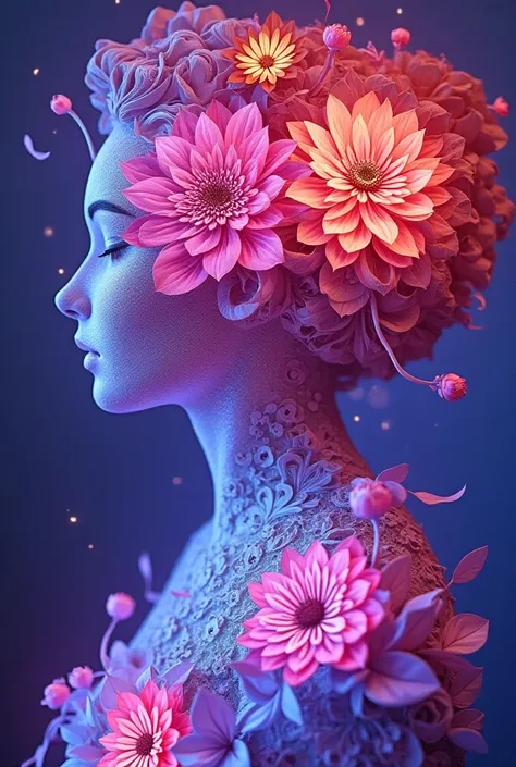 （ hologram projection effect ：1.5），（ beautiful woman silhouette,Colourful chrysanthemums)，Light purple background，(Paper Art, Quilted Paper Art:1.2, geometry:1.1, Zentangle, 3d rendering ), (  very colorful  , Best Quality,  high detail, masterpiece,  Movi...