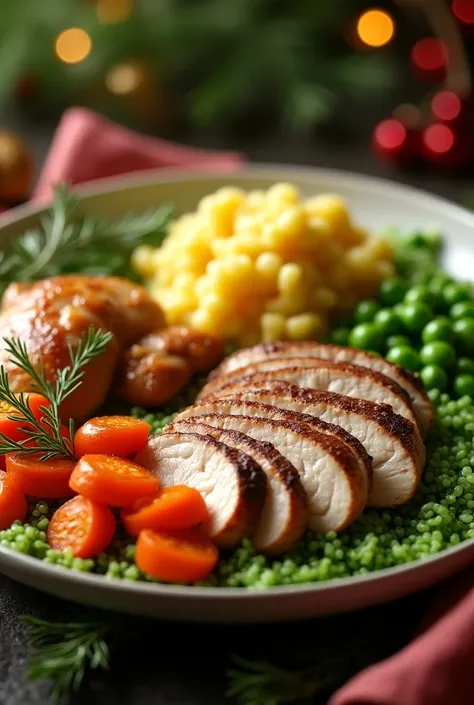 A Christmas plate of  ( sliced shrew with potato salad, carrot, Chicken and peas 
and green rice ) 