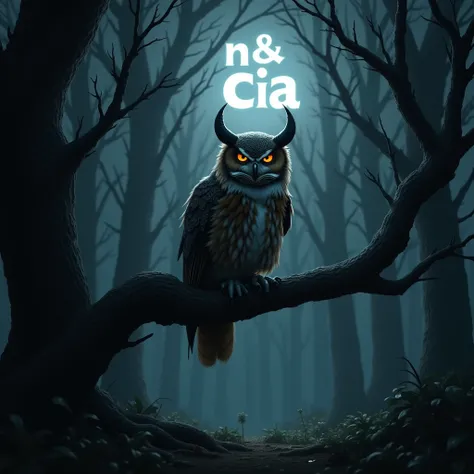 A wounded and angry horned owl is sitting on a tree branch in a dark forest, thinking, with NA & CIA written in red neon in the sky