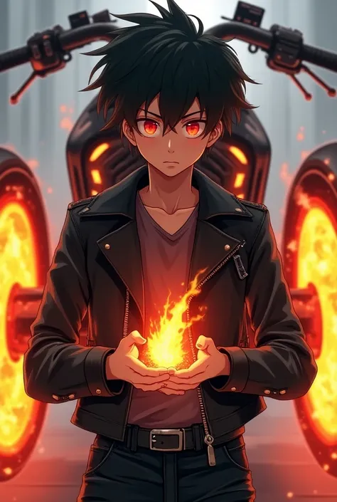 Teenage boy with bright red eyes wearing leather jacket with metal strap around his waist holding a fireball and behind him an anime-style chopper motorcycle with fire on both wheels 