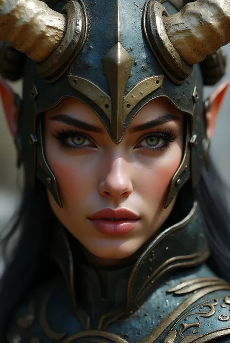 a close up of a woman with armor and horns on her head, WLOP and Artgerm, Artgerm Julie Bell Beeple, epic exquisite character art, artgerm y wlop,  extremely detailed art by artgerm, inspired by Marek Okon, Artist Artgerm I and WLOP, Detailed Artgerm, awes...