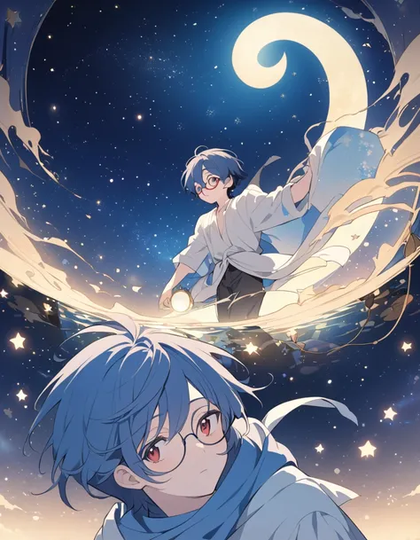 This picture shows a blue-haired male character wearing round glasses with red eyes looking up at the starry night sky. The image has a romantic and serene feel. The character has an anime or manga art appearance and looks simple but deep. The picture has ...