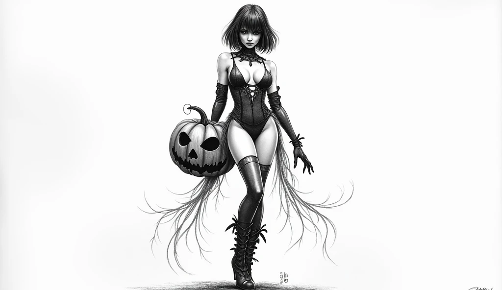 Create a beautiful sensual girl who wears a short erotic costume, this girl carries a scary pumpkin, the girl has a provocative face and has bob hair. In black and white, use a detailed hatching style to create an intense medieval atmosphere with deep shad...