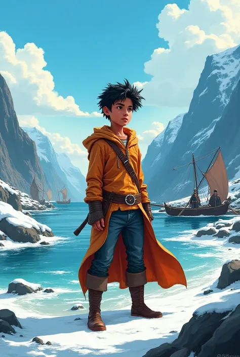 Create me a manga style cover where the protagonist is a Costa Rican who travels to another world where people are Vikings  