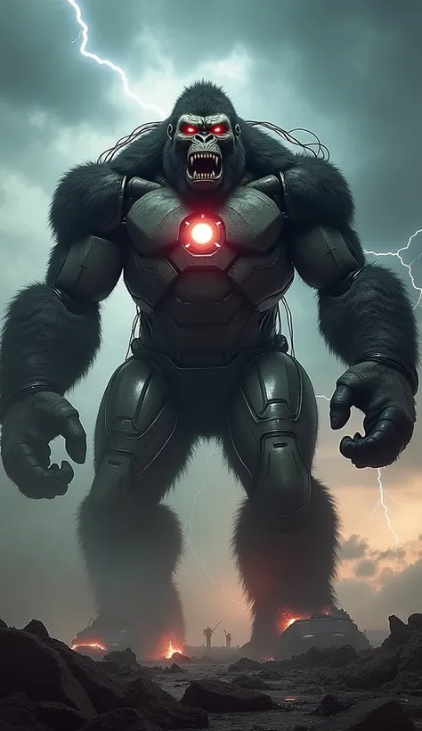 A horrifying fusion of Iron Man and a giant gorilla, creating a monstrous creature of technology and primal strength. The hybrid has the massive, muscular body of a gorilla, but its fur is interwoven with dark, metallic armor plating, giving it an unsettli...