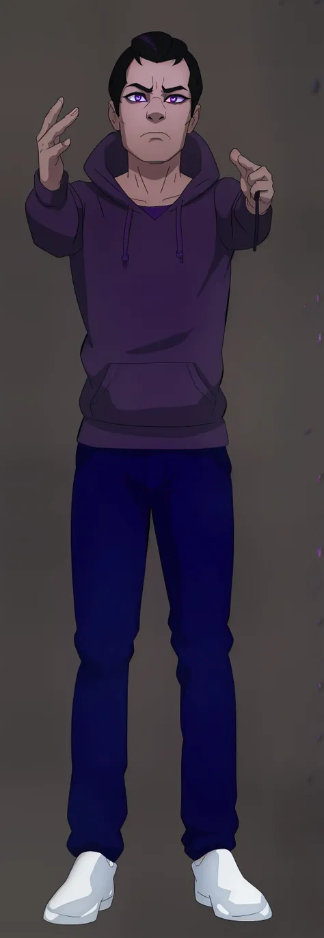 A young American man wearing a purple sweatshirt,  black hair , depressive (MICHAEL AFTON DE FNAF)