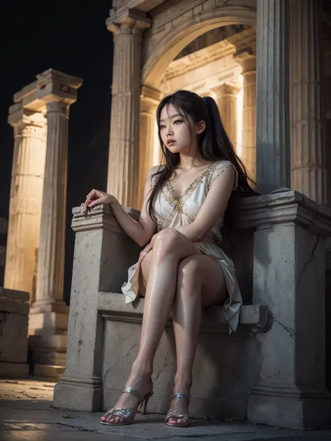 Jennie Kim, jennie blackpink,  girl sitting on an ancient stone throne, holding a Greek scale ,  with a serious expression.  Wearing ancient Greek garments .  Dark background with dim lighting over the girl, Greek goddess of justice