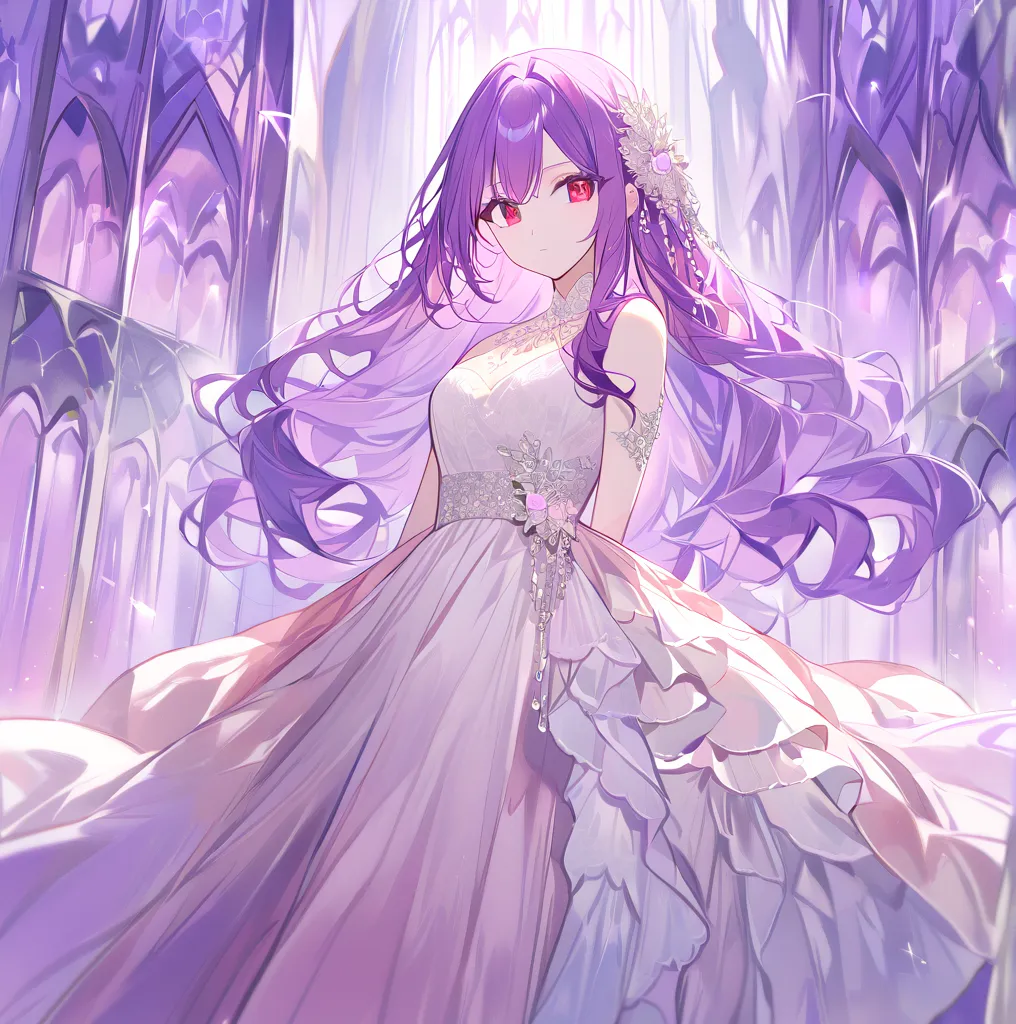 woman with purple hair and red eyes wearing elegant crystal white dress dress