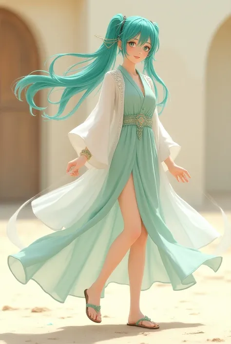 Create Miku with Arab clothes, But let them be few garments and with flat sandals