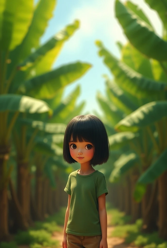 Create a girl with short straight black hair in the middle of a banana farm with her full body  son 
