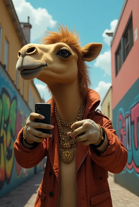 A rapper camel taking a selfie with his hooves with a telephone 