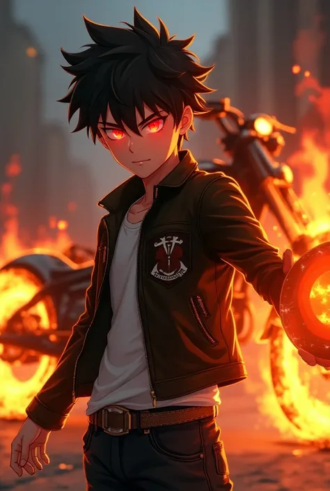 Teenage boy with bright red eyes wearing leather jacket with metal strap around his waist holding a fireball and behind him a chopper bike with the front and rear wheels on fire anime style 