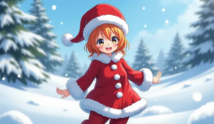 Nami from One Bees is cosplaying in the snow as Santa