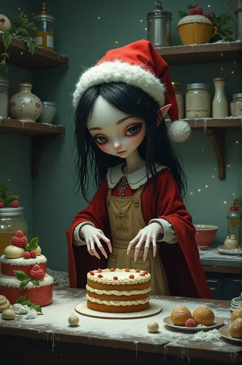 Make a Christmas cover ,  but it has a Tim Burton-style pastry girl dressed in a Christmas theme making cakes 