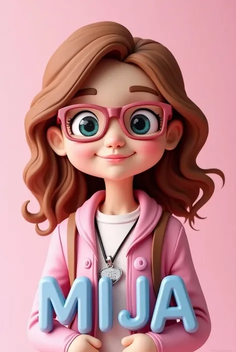 3D caricature of young a girl, color Pink reading glasses, key chain. High-quality realistic photo, and there is the name MIJA in 3D letter style color Blue. embossed and realistic, in black yellow, indium white and black, 