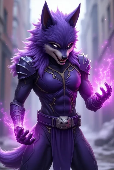  Create a power ranger with wolf features around the uniform, He must have the body of a teenager and his color must be purple ,  he will be male and will have rays of the same color as the uniform. He must be human  