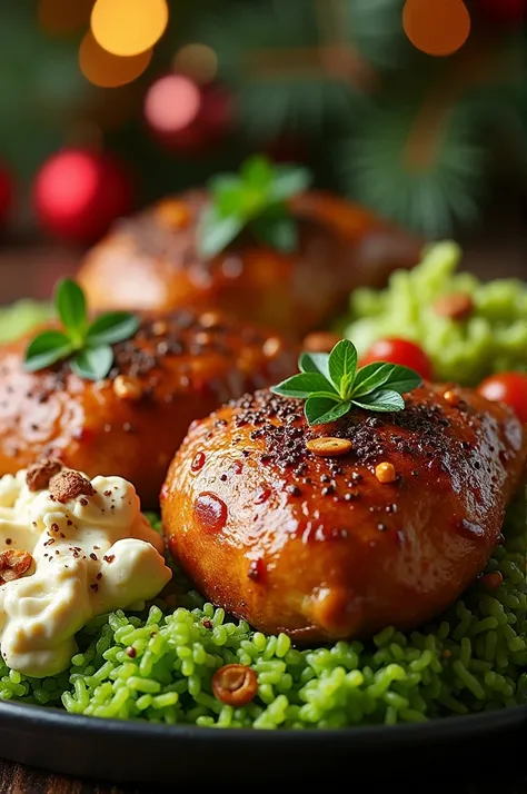 A Christmas plate of  ( Venezuelan leg with chicken salad and green rice) 