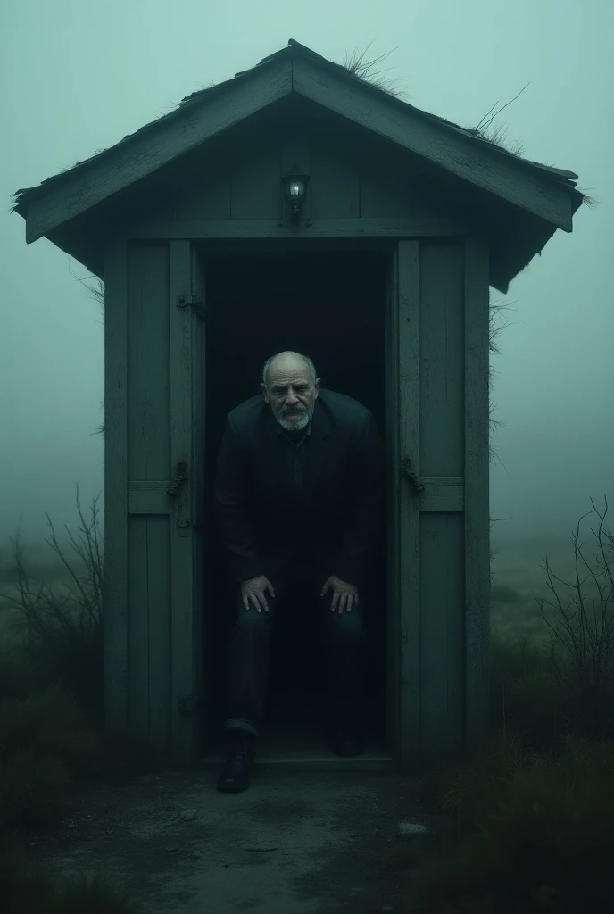 I want the image of a very scared man hiding in a guard house fleeing from ghosts