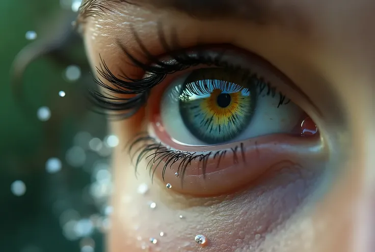 Une image irréaliste et très détaillée des yeux dune femme qui pleure, avec des larmes qui ressemblent à une cascade coulant de ses yeux pour arroser les terres agricoles. Focus sur lœil.