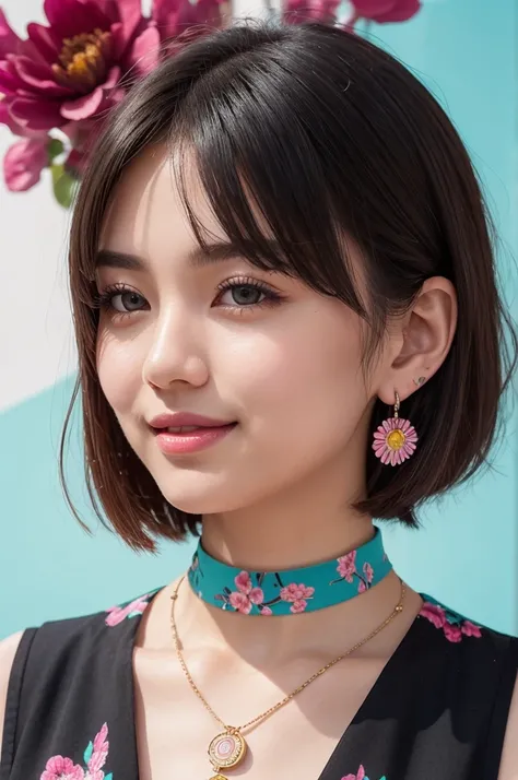 Portrait of a young woman with short black bob hair。She shows a happy seductive smile。Her straight cut bangs lightly fall over her eyebrows.、Her long eyelashes are impressive, and her deep eyes are very attractive.。Her lips are plump and naturally pink.、Ne...