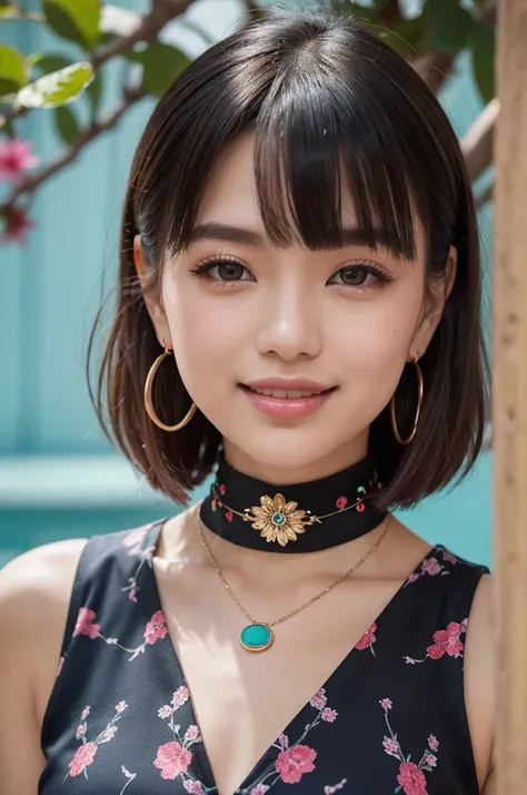 Portrait of a young woman with short black bob hair。She shows a happy seductive smile。Her straight cut bangs lightly fall over her eyebrows.、Her long eyelashes are impressive, and her deep eyes are very attractive.。Her lips are plump and naturally pink.、Ne...