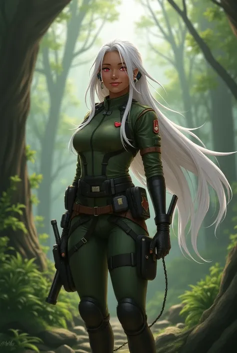 Female soldier standing in the wilderness、Brown Skin、White Hair、solo, Long Hair, High resolution, smile, Red eyes, とてもLong Hair, chest, Heart-shaped earrings, happiness/joy, Earphones, 