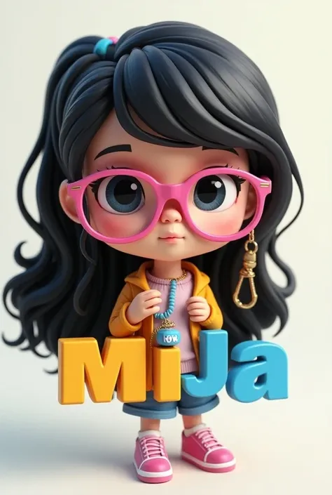 3D caricature of young a girl, key chain. Pink reading glasses. Black hair. High-quality realistic photo, and there is the name MIJA in 3D letter style color Blue. embossed and realistic, in black yellow, indium white and black.