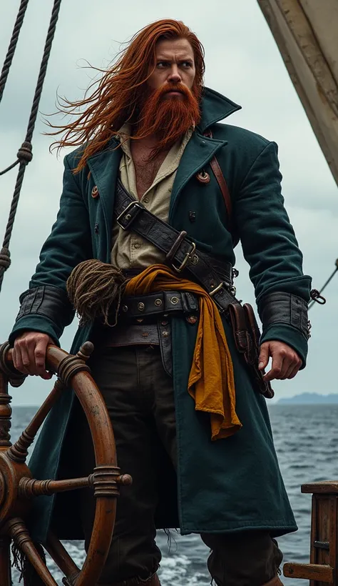 At the helm is pirate captain Grimshaw, a tall, imposing figure with a beard and red hair, his hair has long dreadlocks with tattered, ghostly clothes waving in the wind.