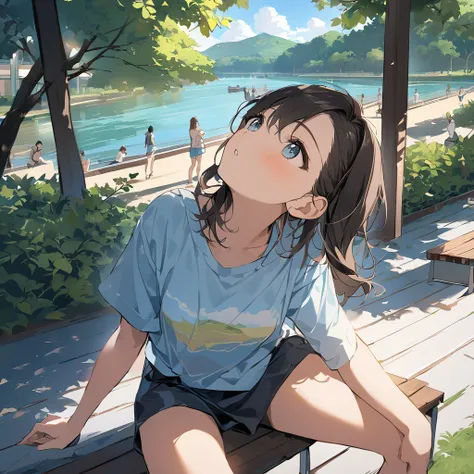 ((( sitting on a bench and looking up at the sky :1.37、 girl is sitting on the floor and looking up at the sky in response to a very detailed face:1.2、Look at the sky:1.37)))、 one girl playing pranks、Extremely delicate facial and skin texture、 white summer...