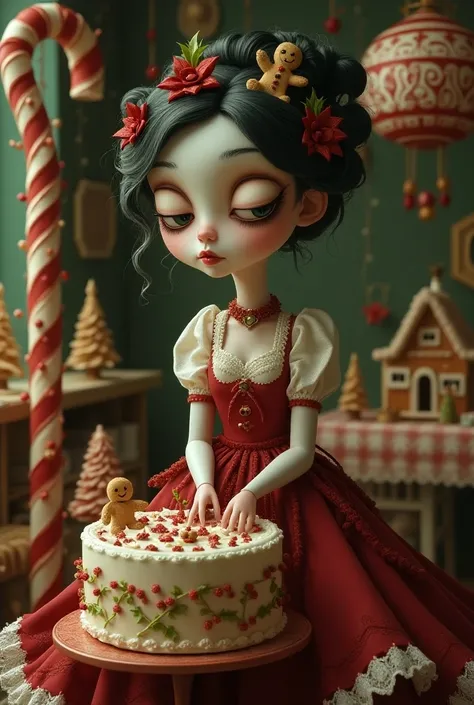 Make a Christmas cover ,  but it has a Tim Burton-style pastry girl dressed in a Christmas theme making cakes, bottomless 