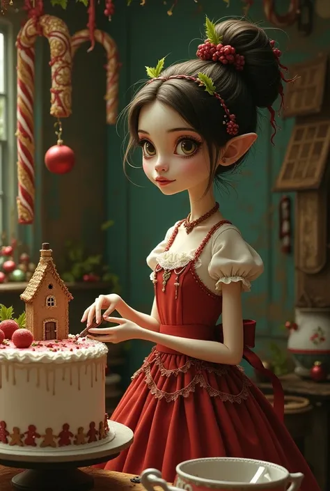 Make a Christmas cover ,  but it has a Tim Burton-style pastry girl dressed in a Christmas theme making cakes, bottomless 