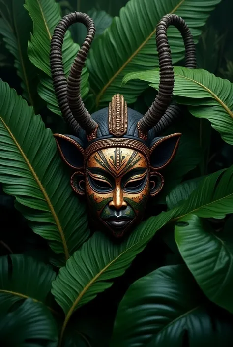 create an image of an African girl mask and around it various types of leaves like a jungle