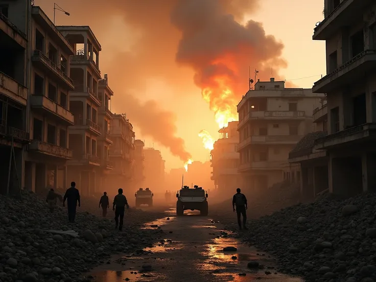 An intense scene of a war-torn city during a battle between Israel and Hamas. The image shows buildings in ruins, with smoke rising from collapsed structures. Explosions and fire are visible, illuminating the dark sky. The ground is scattered with debris, ...