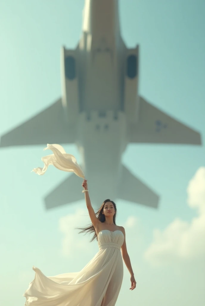 Fighter in the sky 　 Under the fighter plane 　 realistic 3D image of a beautiful young woman in her 20s wearing thin clothes holding a white cloth in her right hand and waving that cloth over the fighter