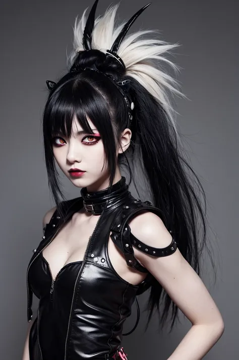  1 girl,Aiu , black goth punk fashion,red eyes,  half-closed eyes,(Crazy Eyes),Hair accessories,perfect anatomy, dynamic action pose , beautiful skin a little punch 