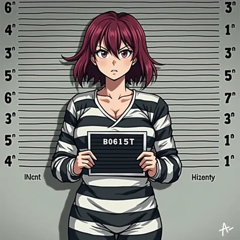 prison girl, red hair, short hair,  prison uniform,  striped uniform  , photo of the record