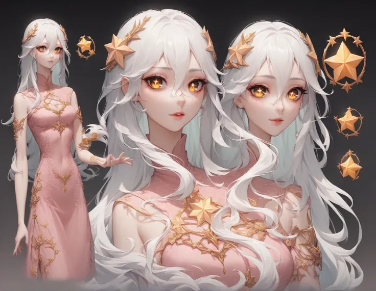  The model is a girl (( masterpiece, Highest quality)),  character sheet,  turn around, vtuber-whole body, whole body, detailed face,  full of details ,  Very detailed , depth, front and back, 1 teen,  dressed in golden pink dress, slender , :3, long hair,...