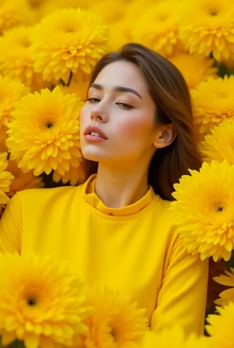 A surreal  portrait of a woman immersed in a sea of yellow flowers. Her body and clothing blend seamlessly into the vibrant background, creating the illusion that she is part of the floral landscape. Her serene expression contrasts with the bold, textured ...