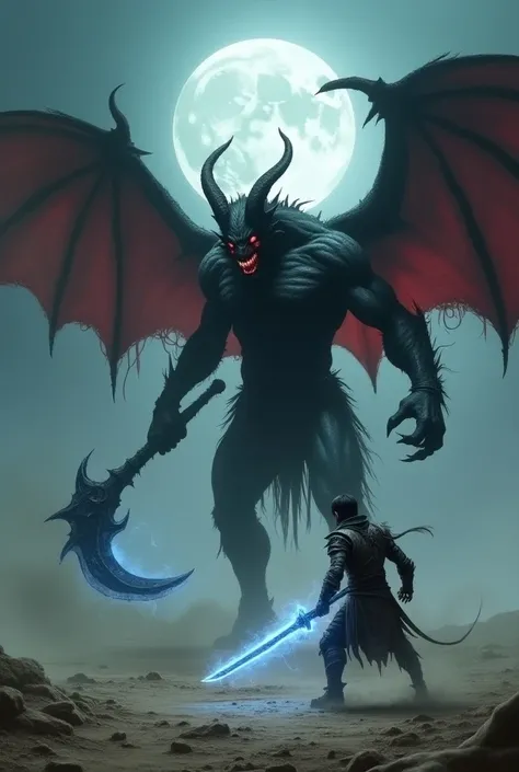 In the center of a desolate, moonlit landscape, a fierce duel unfolds between a demon and a lone human warrior. The demon, towering and menacing, has leathery, bat-like wings spread wide, clawed hands poised, and eyes glowing a vivid crimson. Its skin is a...